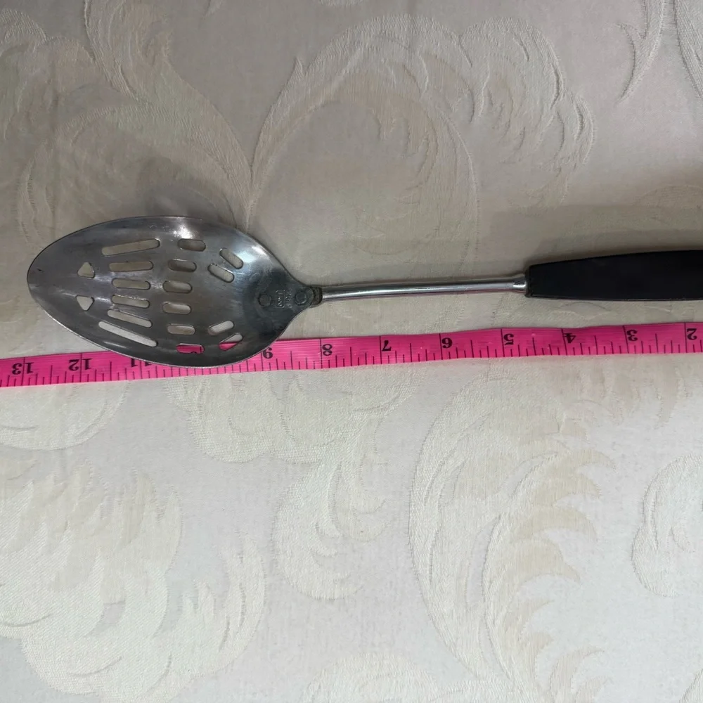 Vintage‎ EKCO Slotted Serving Spoon Black Handle Chromium Plated Mid Century